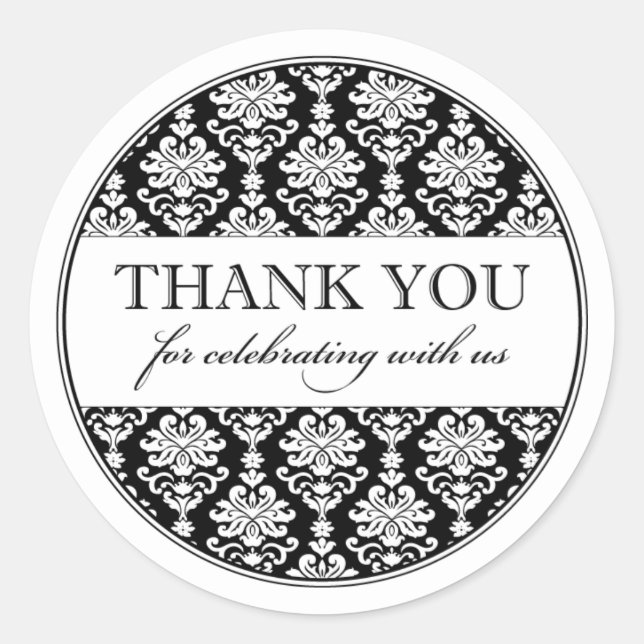 Sticker Rond Élégant Merci de Mariage damassé noir et blanc (Devant)