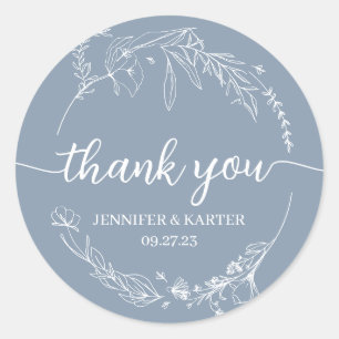 Sticker Rond Élégant Merci en  de couronne floral bleu foncé