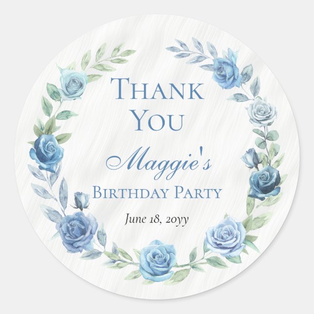 Sticker Rond Elégant Merci Floral Bleu Anniversaire (Devant)