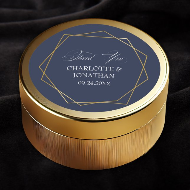 Sticker Rond Elégant Merci géométrique Or mariage Faveur (Elegant Gold Geometric Thank You Wedding Favor Classic Round Sticker in Navy Blue Color)