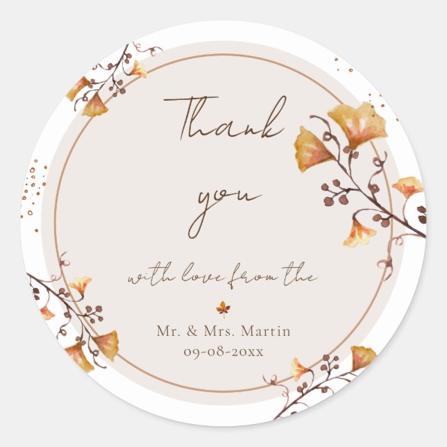 Sticker Rond Elégant Merci Mariage de feuille d'automne doré (Devant)