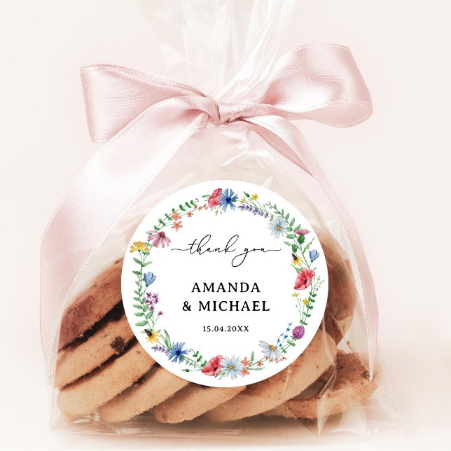 Sticker Rond Élégant Merci Mariage Fleur sauvage (Créateur téléchargé)