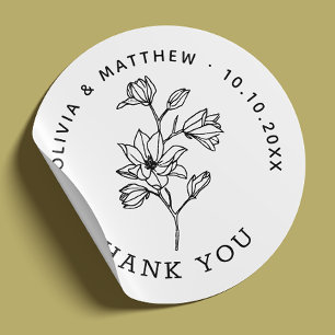 Sticker Rond Élégant Merci Mariage Floral. Minimaliste Propre