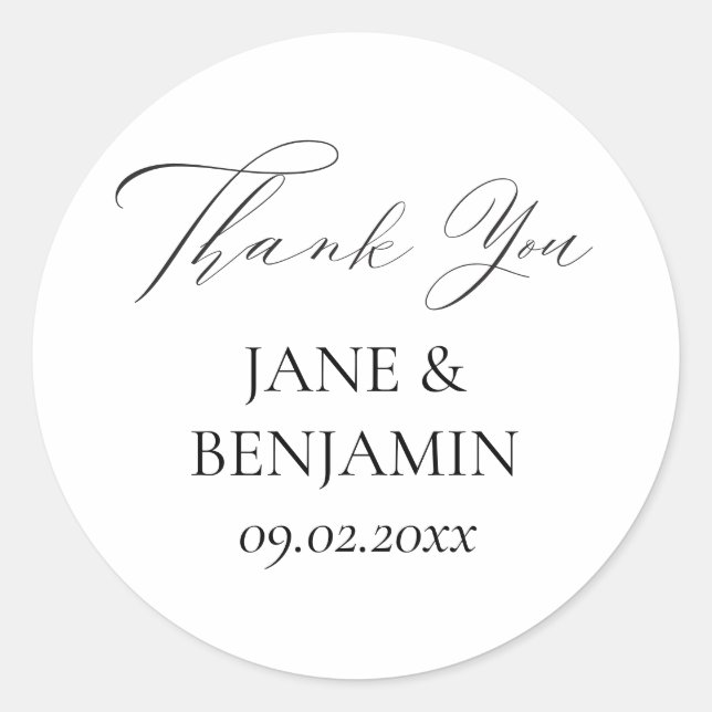 Sticker Rond Élégant Merci Mariage noir et blanc simple (Devant)