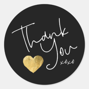 Sticker Rond Elégant Merci noir Gold Coeur main écrite