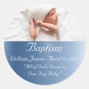 Sticker Rond Élégant Métallic Bleu Nom Bébé Garçon Baptême