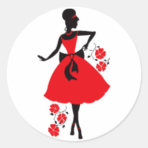 Sticker Rond Elégant millésime jeune femme rouge noir silhouett