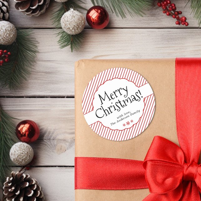 Sticker Rond Élégant minimal Sucre de canne rouge rayures typog (Elegant Minimal Red Candy Cane Stripes Typography Classic Round Sticker)