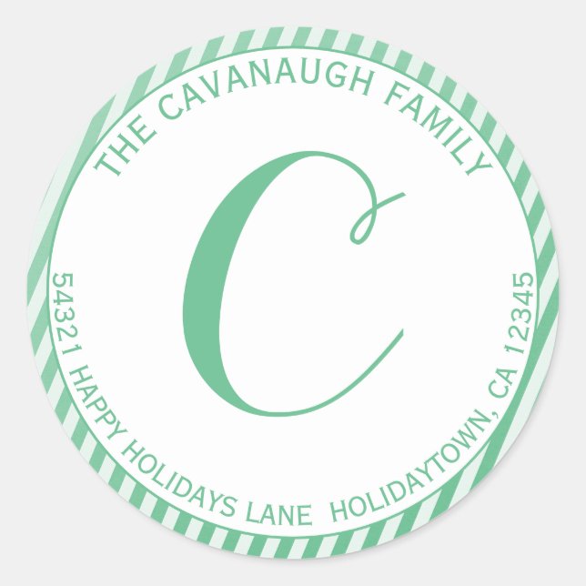Sticker Rond Élégant Mint Argent Foil Stripe Monogramme Adresse (Devant)