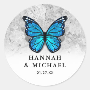Sticker Rond Élégant Modèle Monarque Blue Butterfly Mariage