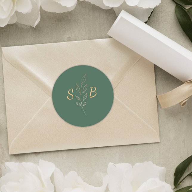 Sticker Rond Élégant moderne simple Monogramme Mariage vert (Elegant Modern Simple Monogram Green Wedding Classic Round Sticker)