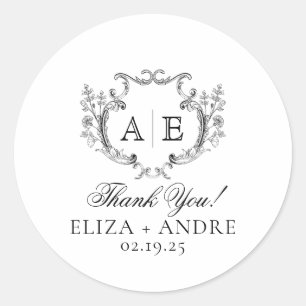 Sticker Rond Élégant Monogram Crest Mariage noir et blanc