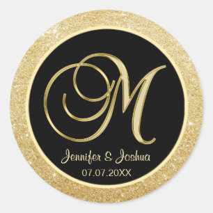 Sticker Rond Elégant Monogramme Black Gold Parties scintillant 