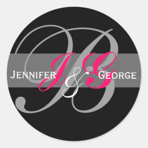 Sticker Rond Elégant monogramme blanc noir Fuchsia Mariage Seal