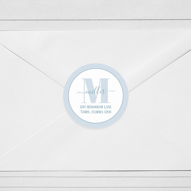 Sticker Rond Élégant Monogramme Bleu Simple Adresse de retour (Créateur téléchargé)