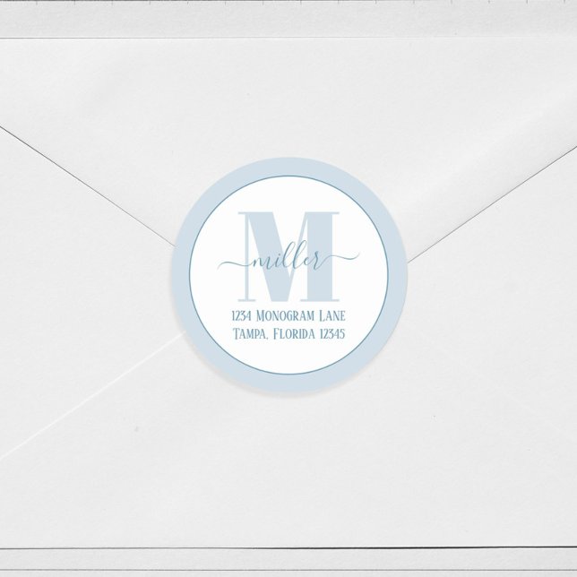 Sticker Rond Élégant Monogramme Bleu Simple Adresse de retour (Créateur téléchargé)
