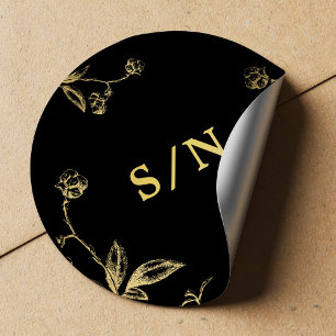 Sticker Rond Élégant monogramme chic or moderne noir mariage