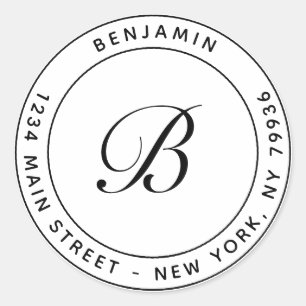 Sticker Rond Élégant Monogramme Circulaire Adresse de retour Bl