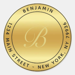 Sticker Rond Élégant Monogramme Circulaire Adresse de retour Or