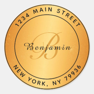 Sticker Rond Élégant Monogramme Circulaire Adresse de retour Or