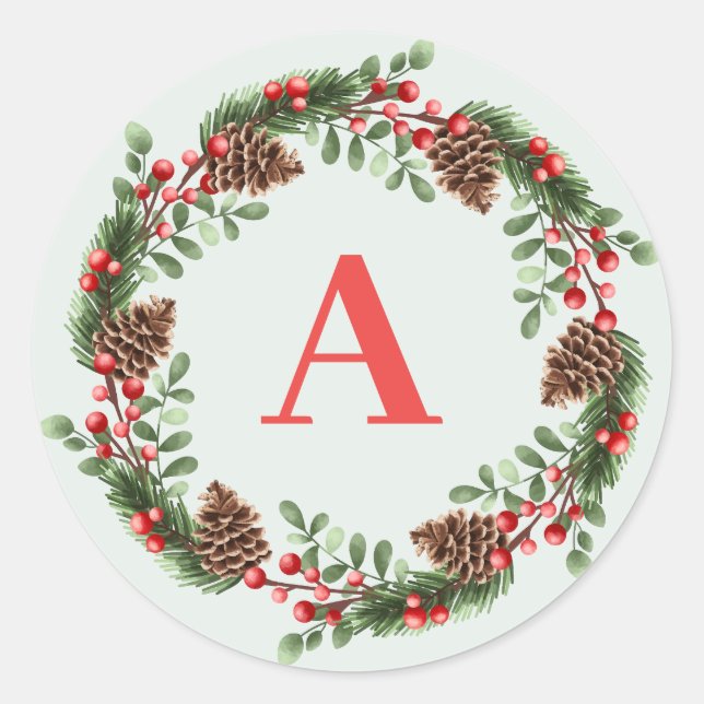 Sticker Rond Élégant Monogramme Cones de Noël Wreath (Devant)
