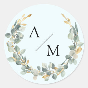Sticker Rond Élégant, monogramme, couronne d'eucalyptus