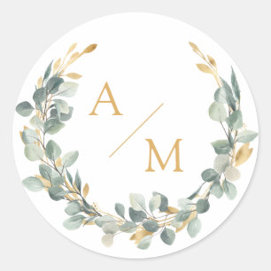 Sticker Rond Élégant, monogramme, couronne d'eucalyptus