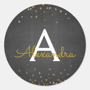 Sticker Rond Élégant Monogramme de confetti noir et or