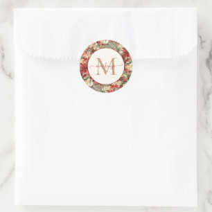 Sticker Rond Élégant Monogramme de Noël Poinsettia