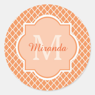 Sticker Rond Élégant Monogramme De Quatrefoil Orange Avec Nom