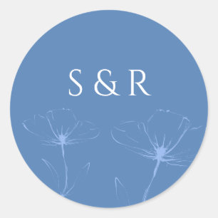 Sticker Rond Élégant Monogramme en Ligne Art Florale Bleu Pouss