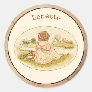 Sticker Rond Élégant Monogramme et fille Vintage rose