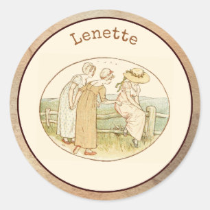 Sticker Rond Élégant Monogramme et filles Vintage rose