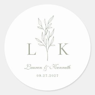 Sticker Rond Élégant Monogramme Feuille classique Mariage Sage 