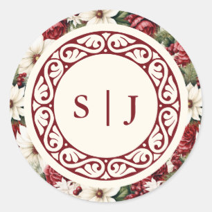 Sticker Rond Élégant Monogramme Fleurs Mariage Bourgogne et Ivo