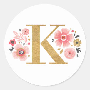 Sticker Rond Élégant Monogramme floral rose