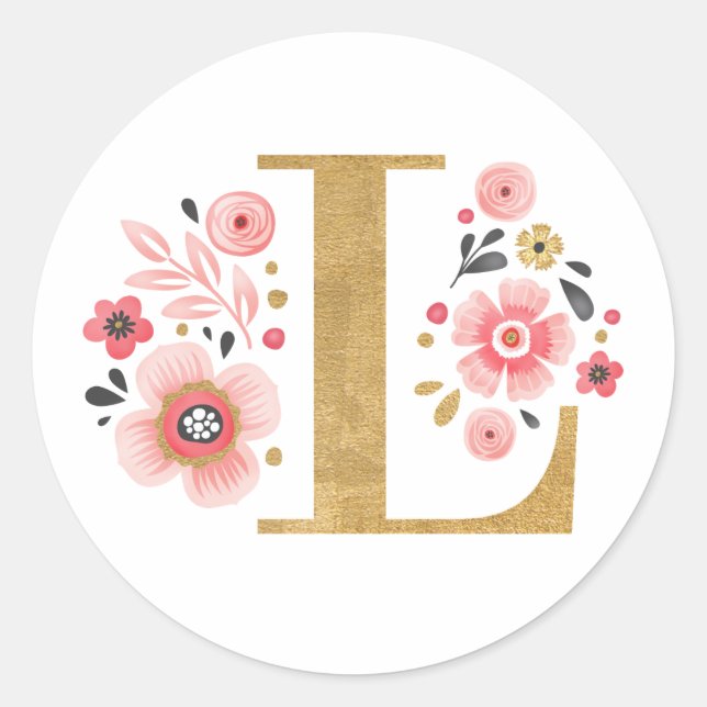 Sticker Rond Élégant Monogramme floral rose initial Lettre or L (Devant)
