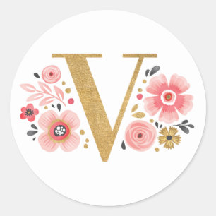 Sticker Rond Élégant Monogramme floral rose initial Lettre or V