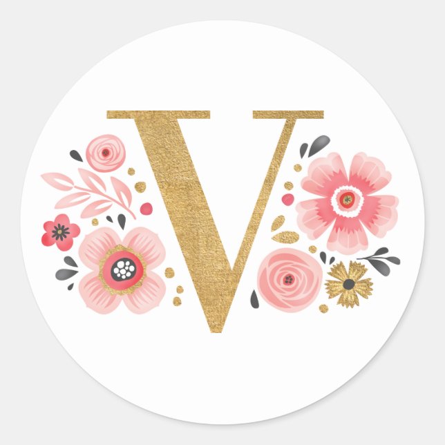 Sticker Rond Élégant Monogramme floral rose initial Lettre or V (Devant)