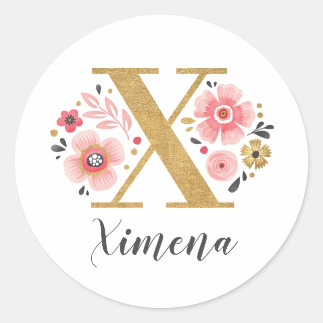 Sticker Rond Élégant Monogramme floral rose initial Lettre or X (Devant)