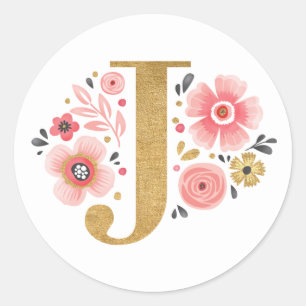 Sticker Rond Élégant Monogramme Floral Rose Lettre initiale J