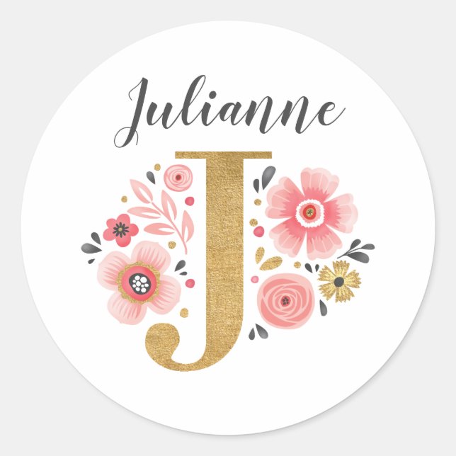 Sticker Rond Élégant Monogramme Floral Rose Lettre initiale J (Devant)
