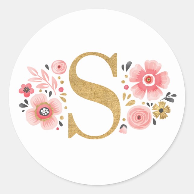 Sticker Rond Élégant Monogramme Floral Rose Première lettre d'o (Devant)