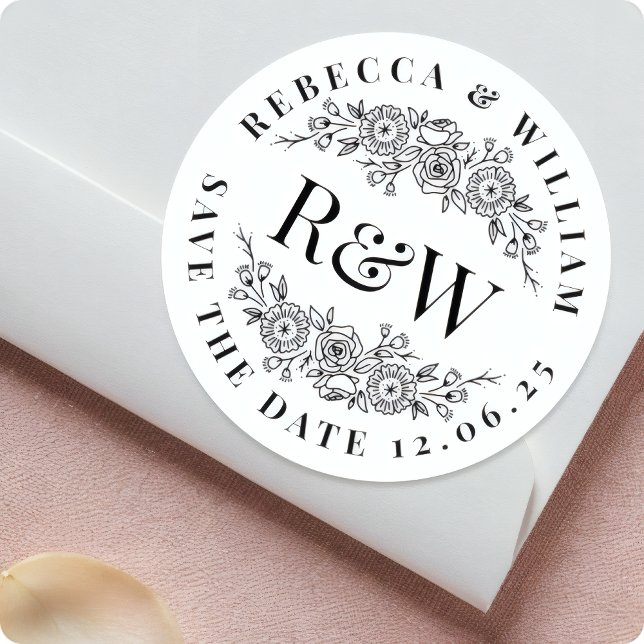 Sticker Rond Élégant Monogramme Floral Wreath Enregistrer La Da (Créateur téléchargé)