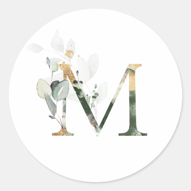 Sticker Rond Élégant Monogramme M Mariage Stationnaire Vert (Devant)