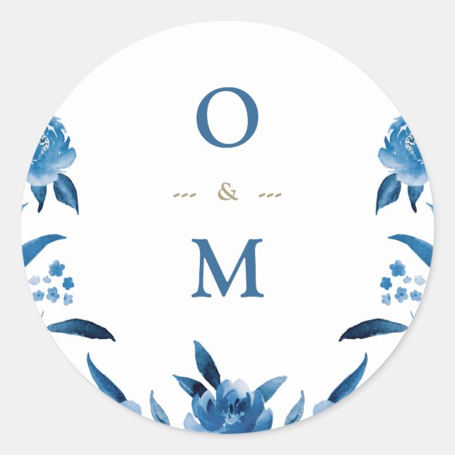 Sticker Rond Élégant monogramme Mariage chinois floral bleu (Devant)