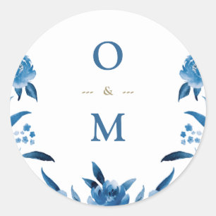 Sticker Rond Élégant monogramme Mariage chinois floral bleu