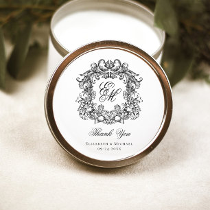 Sticker Rond Élégant Monogramme Mariage Crest Merci
