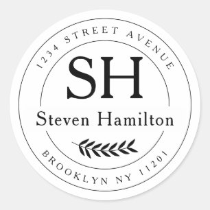 Sticker Rond Élégant Monogramme moderne Nom Feuille Adresse de 