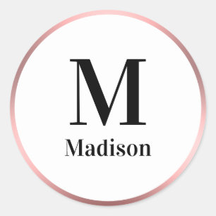 Sticker Rond Élégant Monogramme noir et blanc rose avec nom